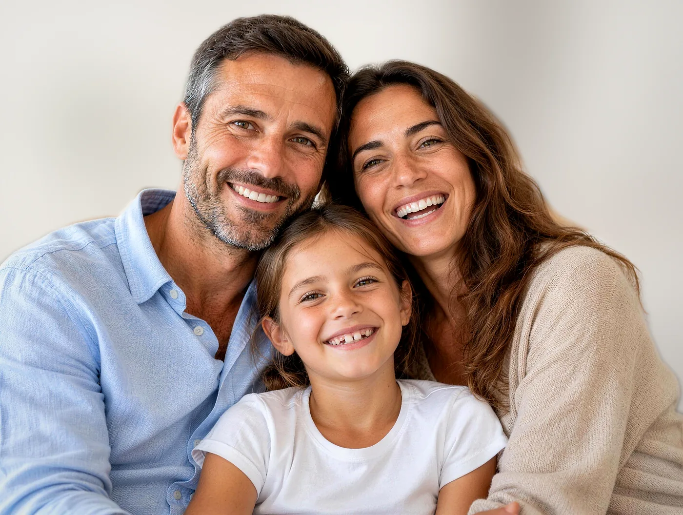 Pai, mãe e filha a sorrir juntos em casa