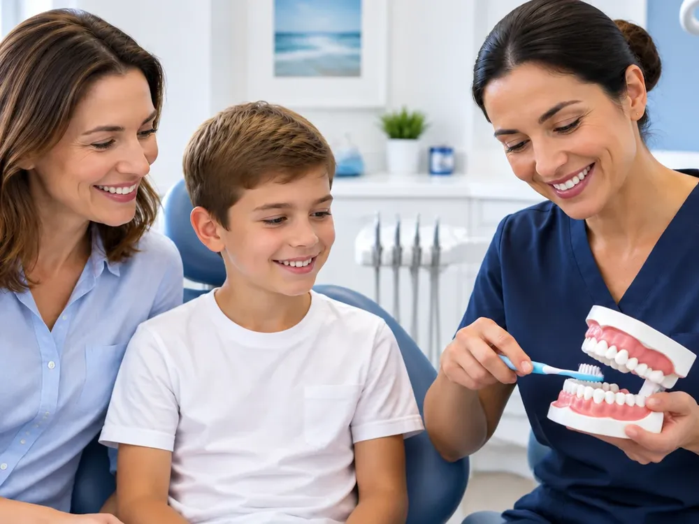 Higienista oral ensina mãe e filho a escovar os dentes