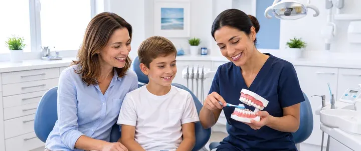 Higienista oral ensina mãe e filho a escovar os dentes num modelo dentário