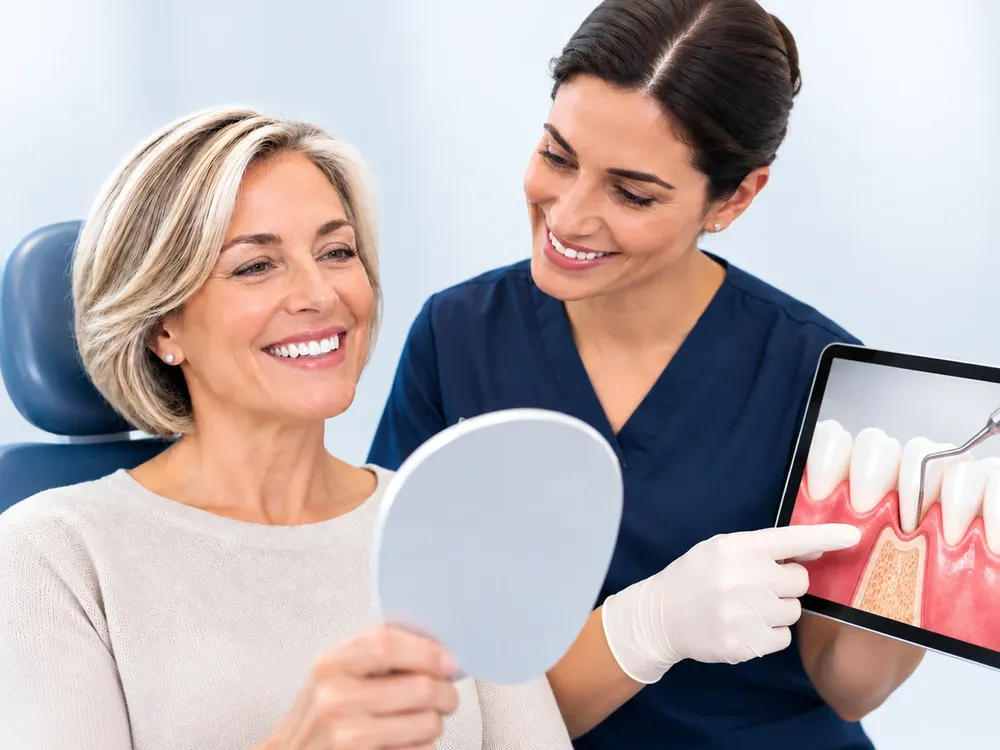 Higienista oral mostra à paciente, num tablet, como cuidar das gengivas