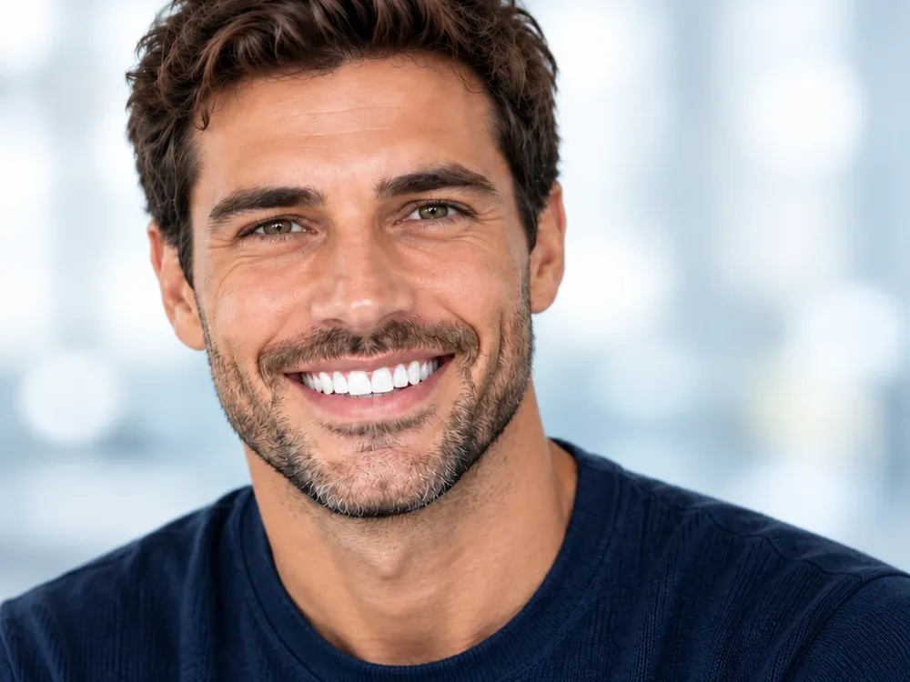 Homem a sorrir com dentes branqueados