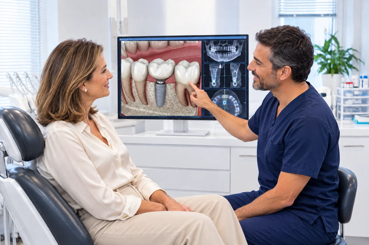 Médico dentista explica à paciente, no ecrã, como é colocado um implante dentário