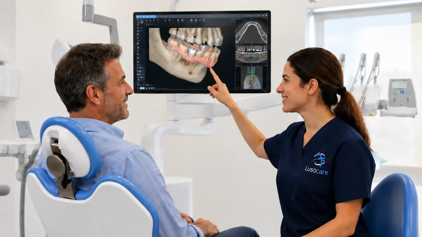 Médica dentista a mostrar o planeamento 3D ao paciente