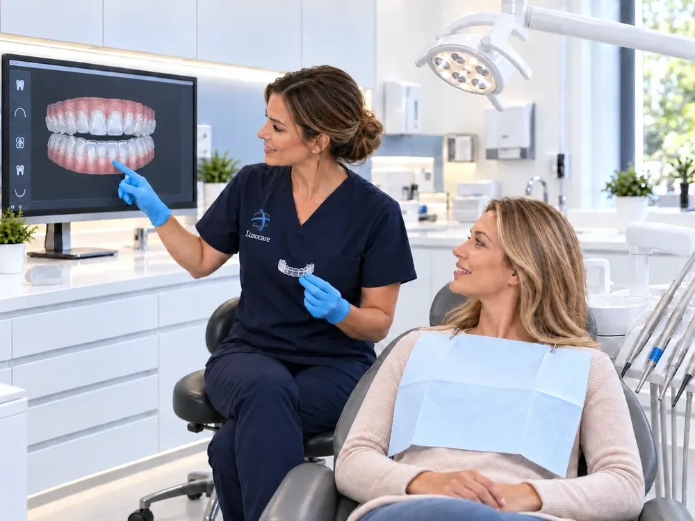 Médica dentista mostra o plano digital dos alinhadores à paciente