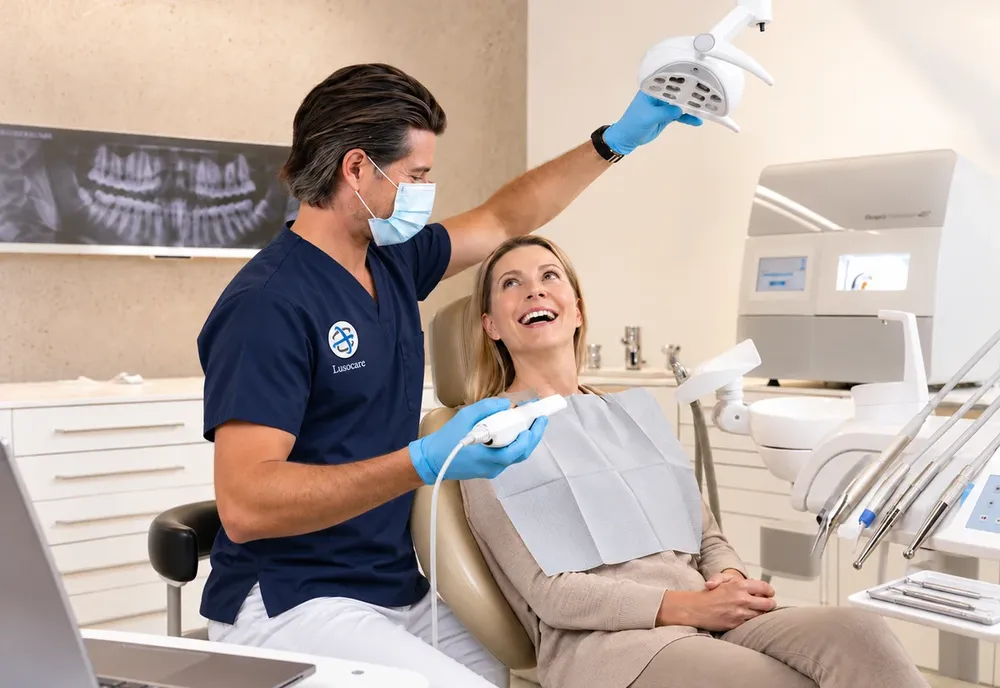 Médico dentista faz a leitura 3D da boca da paciente, com a fresadora CAD-CAM ao fundo