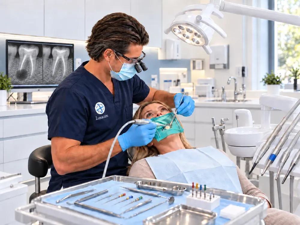 Médico dentista faz um tratamento de canal com lupas