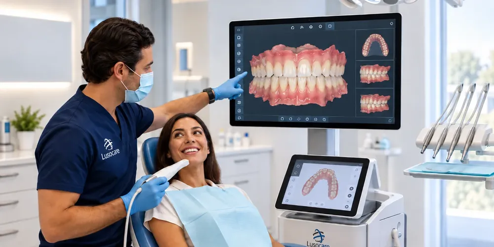 Médico dentista mostra à paciente o scanner intraoral 3D no ecrã