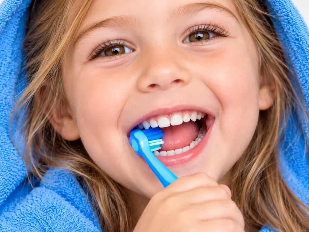 Menina a rir enquanto escova os dentes