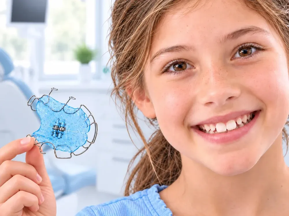 Menina a sorrir com o seu aparelho removível de ortopedia