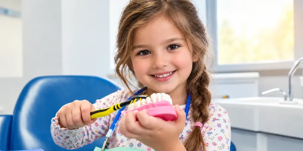 Menina na cadeira do dentista a aprender a escovar os dentes num modelo