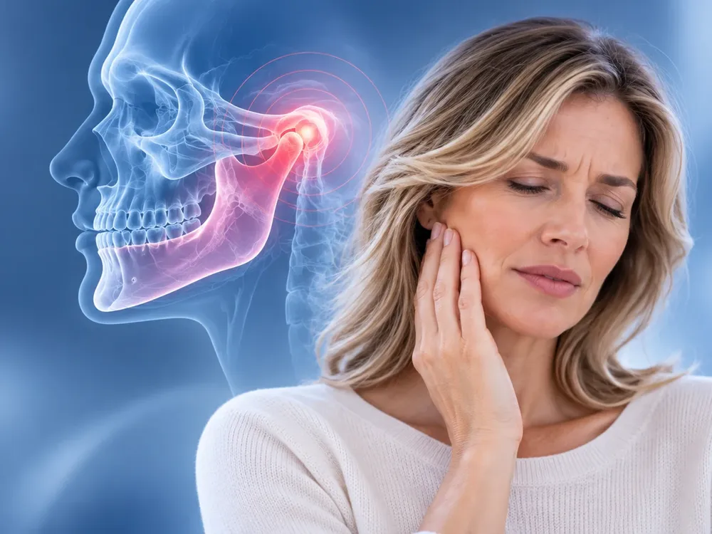 Mulher com dor no maxilar, com a articulação temporomandibular assinalada