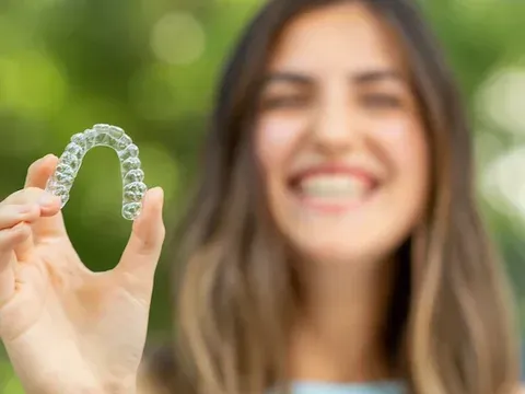 Mulher sorridente segura um alinhador transparente