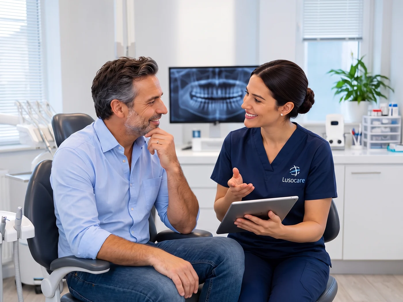 Médica dentista conversa com o paciente na primeira consulta