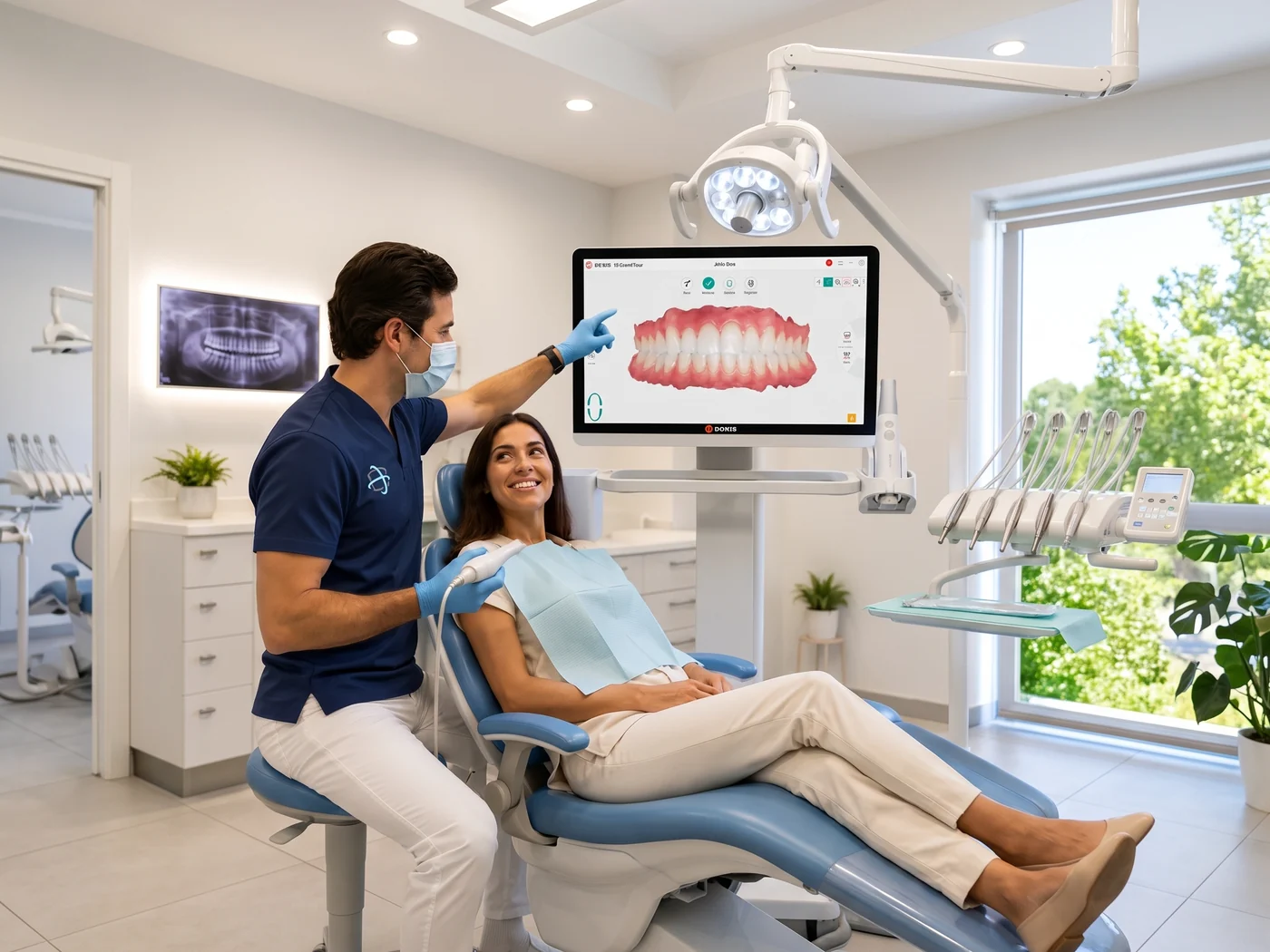 Médico dentista mostra à paciente o resultado do scanner intraoral 3D