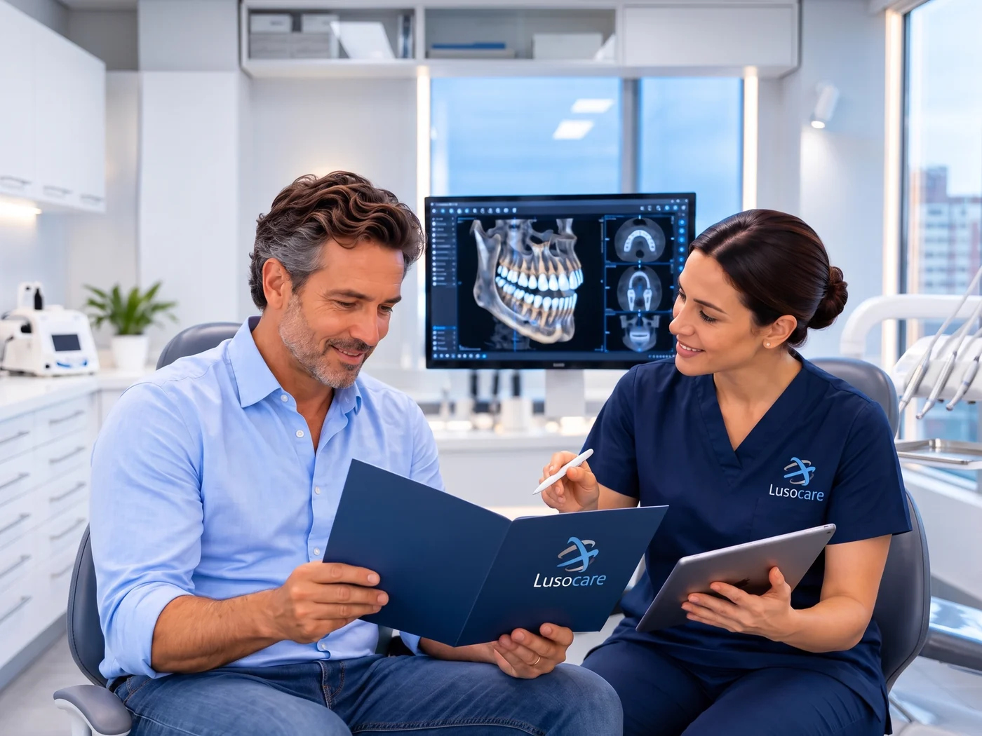 Médica dentista apresenta ao paciente o plano de tratamento, com o exame 3D no ecrã