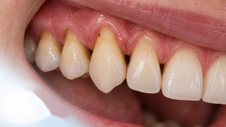 Close-up de gengivas inflamadas com recessão gengival e acumulação de tártaro.