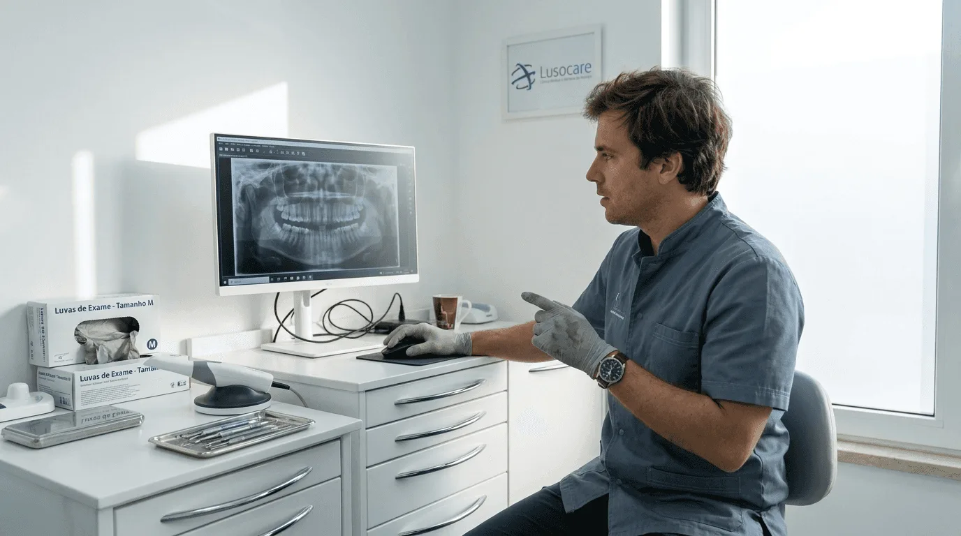 Dentista analisa radiografia digital no monitor de computador na clínica Lusocare.