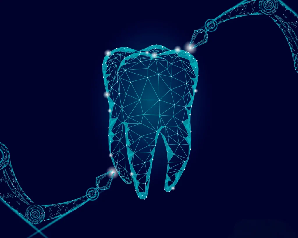 Dente em estilo wireframe com pontos de luz e engrenagens ao fundo escuro.