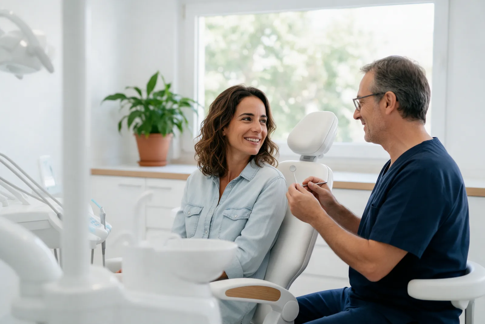Paciente sorri tranquila na cadeira enquanto conversa com o médico dentista