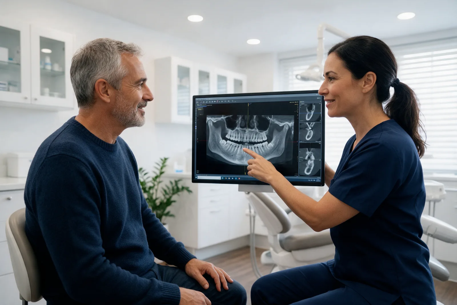 Médica dentista explica a um paciente o exame 3D do osso do maxilar num monitor