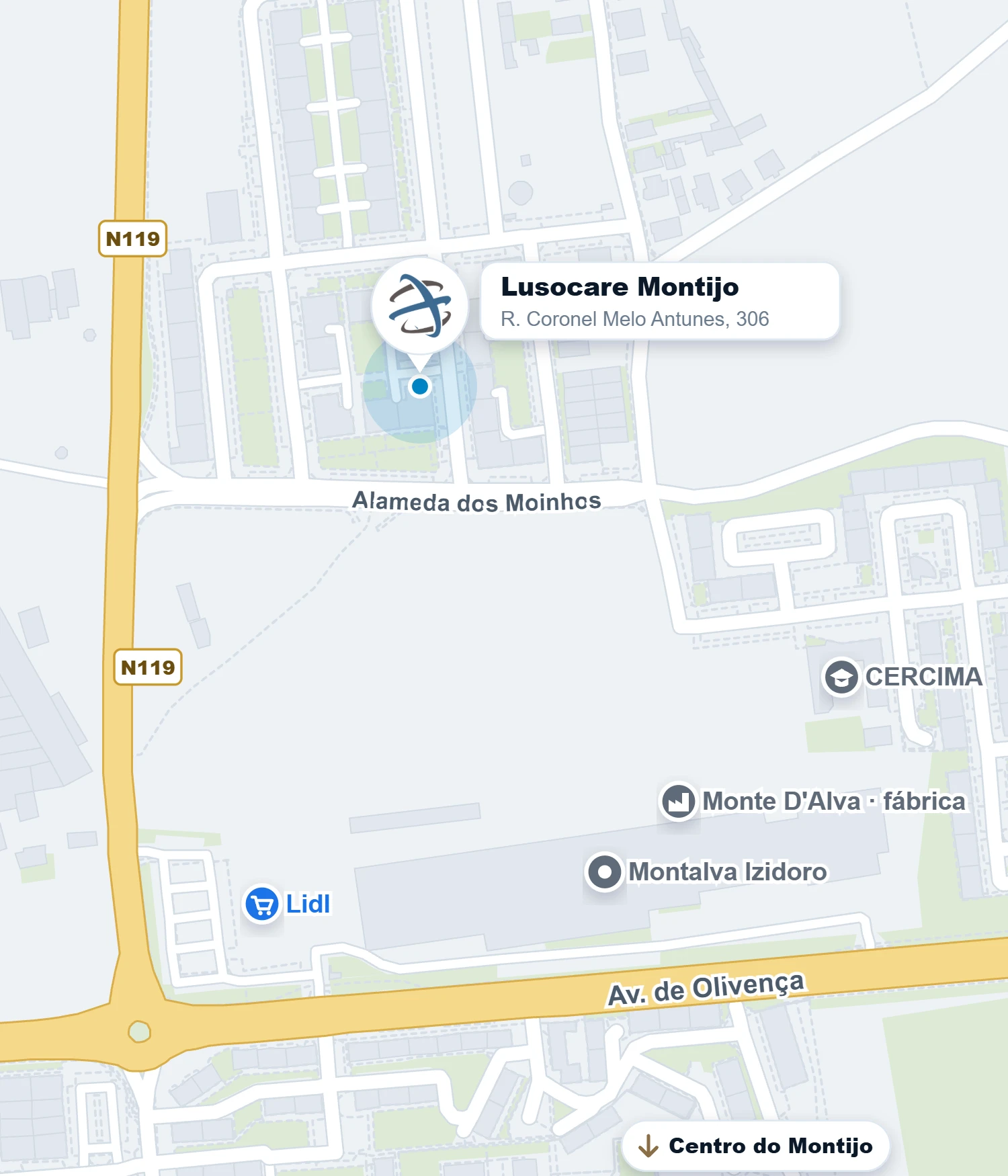 Mapa: a Lusocare Montijo fica na Rua Coronel Melo Antunes, junto à Alameda dos Moinhos e à N119