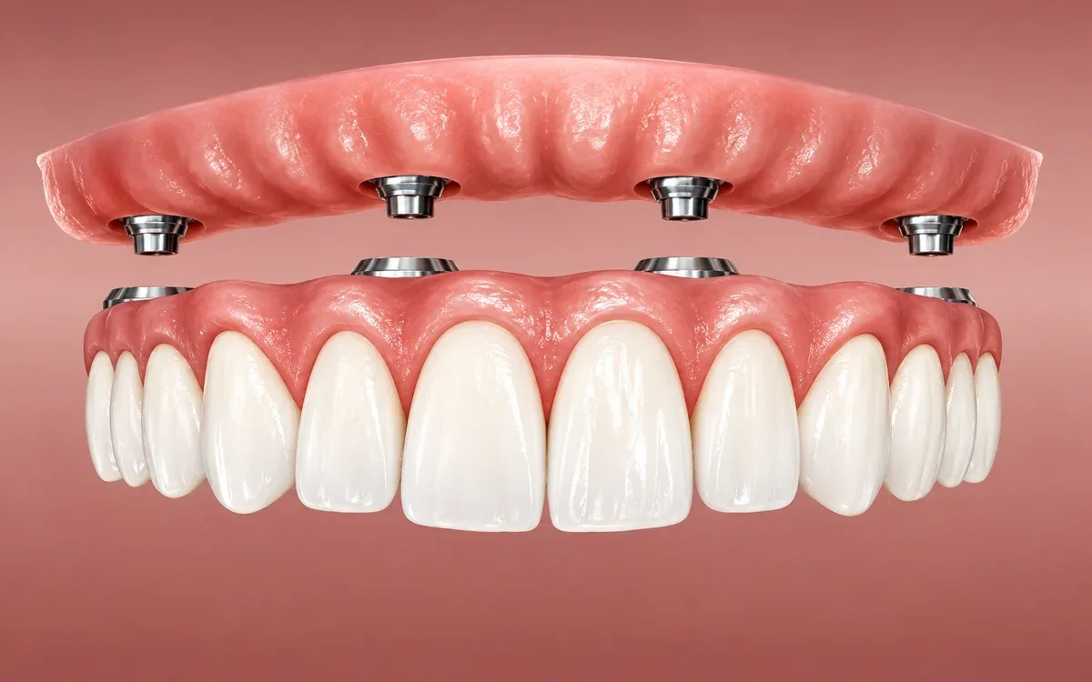 Ilustração de uma arcada superior de dentes fixos sobre quatro implantes dentários