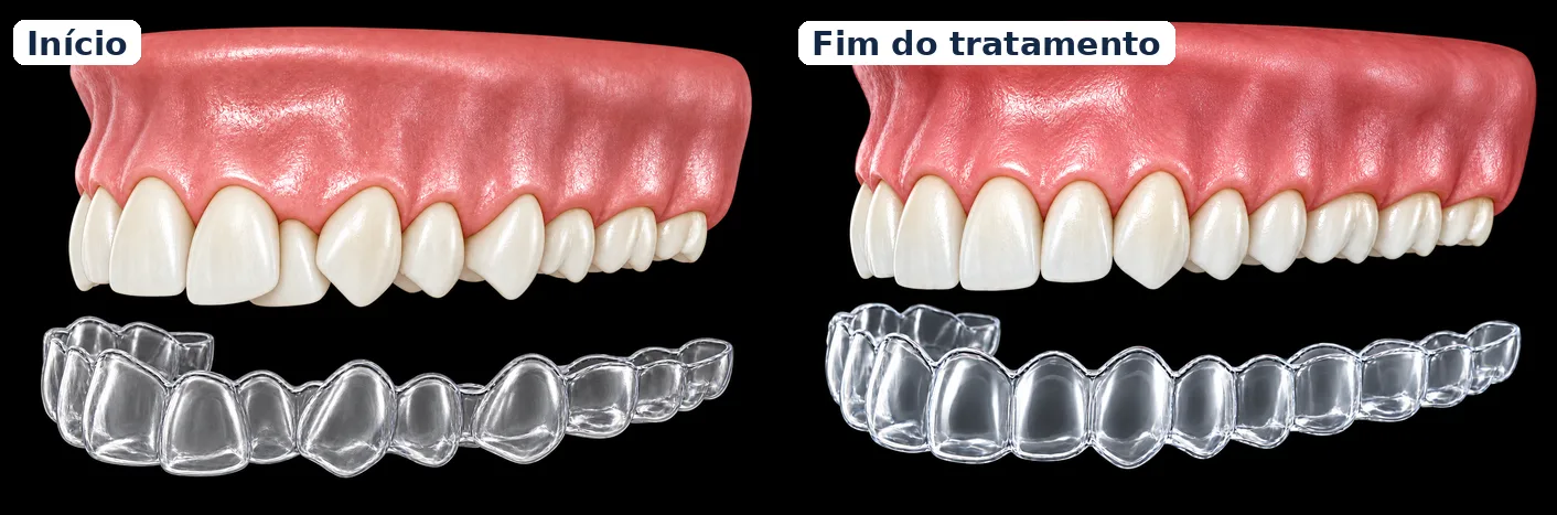 Ilustração de alinhadores transparentes: dentes desalinhados no início e alinhados no fim do tratamento