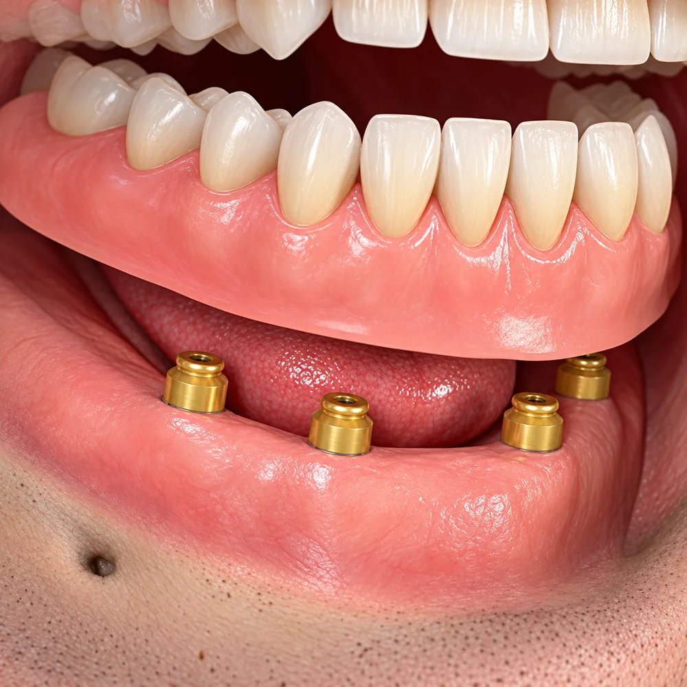 Ilustração de prótese removível que encaixa em quatro implantes no maxilar inferior