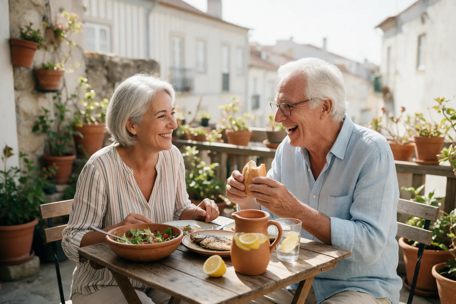 Casal sénior almoça e ri numa esplanada, a comer pão com confiança